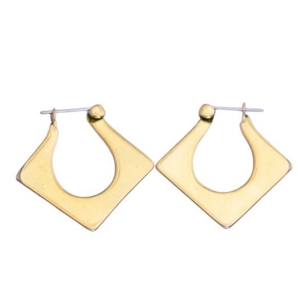 Vintage 90s Hoop Earrings pierced Gold Tone Jigsaw Chunky Square Elegant size 1" - Picture 7 of 12